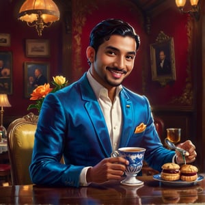 A timeless masterpiece of photorealism depicts a dashing Indian gentleman, sporting short hair and a clean-shaven face, sporting a subtle smile as he sits comfortably at a vintage table. The blue blazer adds a pop of sophistication to the scene. He holds a delicate teacup and crumbles a biscuit, surrounded by the cozy atmosphere of an antique tea room. Fresh flowers in a vase and the ornate menu on the table add to the ambiance. His eyes, cast directly at the viewer, exude warmth and invitation.