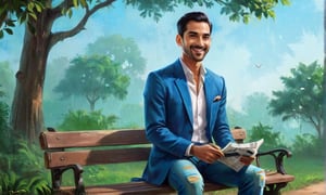 A majestic photorealistic portrait of a dashing Indian gentleman, exuding sophistication with his short, stylish haircut and smooth, clean-shaven features. His subtle smile conveys a sense of contentment as he sits on a worn wooden bench in an idyllic Indian park, its ancient trees and overgrown foliage evoking a nostalgic charm. He's dressed in a crisp blue blazer and distressed blue jeans, the perfect attire for a leisurely afternoon. As he gazes directly at the viewer, his eyes are focused intently on the newspaper spread before him, yet one can't help but feel a sense of connection with this handsome stranger.