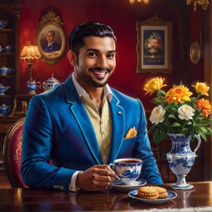 A timeless masterpiece of photorealism depicts a dashing Indian gentleman, sporting short hair and a clean-shaven face, sporting a subtle smile as he sits comfortably at a vintage table. The blue blazer adds a pop of sophistication to the scene. He holds a delicate teacup and crumbles a biscuit, surrounded by the cozy atmosphere of an antique tea room. Fresh flowers in a vase and the ornate menu on the table add to the ambiance. His eyes, cast directly at the viewer, exude warmth and invitation.