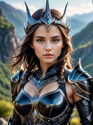 ultra realistic, best quality, cinematic, ultra detailed picture of beautiful female wearing an intricate form-fitting black leather armour and matching crown, ((boobs exposed)) perfect boobs, mountain landscape with a distant elvish city, outdoors, sharp focus, work of beauty and complexity invoking a sense of magic and fantasy, 8k UHD, colorful aura, glowing, upper body, very small breasts, looking at viewer, (((smooth lips, closeup)))