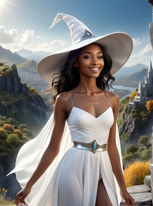 ultra realistic, best quality, cinematic, ultra detailed picture of beautiful slim black female witch, wearing a plain white gown with a silver waistband and matching white witches hat with a silver hand, laughing, mountain landscape with a distant elvish city, outdoors, sharp focus, work of beauty and complexity invoking a sense of magic and fantasy, 8k UHD, colorful aura, glowing, upper body, very small breasts, looking at viewer, (((smooth lips, closeup)))