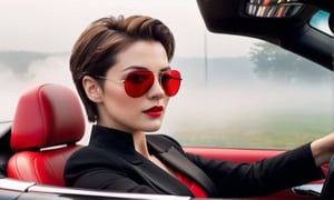 A handsome woman, with short hair, brown eyes, wearing a smart black suit, red blouse, aviator sunglasses, red lipstick, red nail polish, driving her sports car, looking at viewer, fog, smoke, mist, photorealistic, masterpiece
