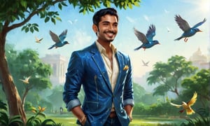 A majestic Indian gentleman, exuding elegance with his chiseled features, short hair, and gleaming smile, stands amidst lush greenery in an vintage-inspired Indian park. He wears a tailored blue blazer and distressed blue jeans, subtly juxtaposing modernity with heritage. As he feeds birds, the warm sunlight casts a gentle glow on his face, highlighting the sincerity of the moment.