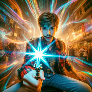In Taiwan, a stunning boy with beard in trendy attire angrily waves her sceptre, surrounded by vivid flow effects. Enhance the refraction overlay for vibrancy and extend it across the scene. Sharpen the light lens prism effect for clearer color splits and bright highlights. Deepen the holographic reflections for a realistic look. Brighten diffused colors. 
break, 
1 girl, Exquisitely perfect symmetric very gorgeous face, perfect breasts, Exquisite delicate crystal clear skin, Detailed beautiful delicate eyes, perfect slim body shape, slender and beautiful fingers, nice hands, perfect hands, perfect pussy,The scene, captured in 8K resolution and film grain style, showcases dramatic and soft lighting with fisheye depth.,cute blond boy