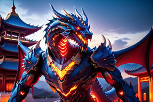 large red armored traditional cybernetic dragon with glowing orange eyes, traditional asian dragon inspired, a different dimension dessert which is blue in color, above a golden palace, astral dimension, HD Resolution, Hyper Detail, with dramatic lighting, 