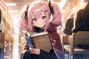 anime girl with pink hair holding a book in her hands, light pink bob hair style with twintail and red eyes, wear a blue cloak and full black uniform underneath,mecha,c.c.,phRem,1 girl