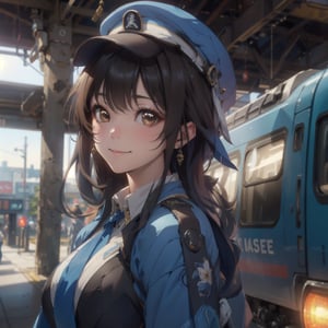 A mature long loose drak brown Hair style Girl , lovely smile, blue cap, Blue jacket shirt, blue necktie, white shirt, white skirt, Railway, Train Station, ((Best quality)), ((masterpiece)), 3D, HDR (High Dynamic Range),Ray Tracing, NVIDIA RTX, Super-Resolution, Unreal 5,Subsurface scattering, PBR Texturing, Post-processing, Anisotropic Filtering, Depth-of-field, Maximum clarity and sharpness, Multi-layered textures, Albedo and Specular maps, Surface shading, Accurate simulation of light-material interaction, Perfect proportions, Octane Render, Two-tone lighting, Wide aperture, Low ISO, White balance, Rule of thirds,8K RAW, Aura, masterpiece, best quality, Mysterious expression, magical effects like sparkles or energy, flowing robes or enchanting attire, mechanic creatures or mystical background, rim lighting, side lighting, cinematic light, ultra high res, 8k uhd, film grain, best shadow, delicate, RAW, light particles, detailed skin texture, detailed cloth texture, beautiful face, (masterpiece), best quality, expressive eyes, perfect face,Mechanical_tentacles,momo_burlesque,diesel \(nikke\)