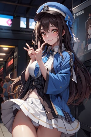 A mature waist long loose drak brown Hair style Girl with heavy machine gun , lovely smile, straw berry loli pop, blue cap, Blue jacket shirt, 5 finger, blue necktie, white shirt, white skirt, white panty, Heavy Gun, Railway, Train Station, ((Best quality)), ((masterpiece)), 3D, HDR (High Dynamic Range),Ray Tracing, NVIDIA RTX, Super-Resolution, Unreal 5,Subsurface scattering, PBR Texturing, Post-processing, Anisotropic Filtering, Depth-of-field, Maximum clarity and sharpness, Multi-layered textures, Albedo and Specular maps, Surface shading, Accurate simulation of light-material interaction, Perfect proportions, Octane Render, Two-tone lighting, Wide aperture, Low ISO, White balance, Rule of thirds,8K RAW, Aura, masterpiece, best quality, Mysterious expression, magical effects like sparkles or energy, flowing robes or enchanting attire, mechanic creatures or mystical background, rim lighting, side lighting, cinematic light, ultra high res, 8k uhd, film grain, best shadow, delicate, RAW, light particles, detailed skin texture, detailed cloth texture, beautiful face, (masterpiece), best quality, expressive eyes, perfect face,Mechanical_tentacles,momo_burlesque,diesel \(nikke\)
