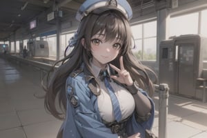 A mature waist long loose drak brown Hair style Girl with heavy machine gun , lovely smile, straw berry loli pop, blue cap, Blue jacket shirt, 5 finger, blue necktie, white shirt, white skirt, white panty, Heavy Gun, Railway, Train Station, ((Best quality)), ((masterpiece)), 3D, HDR (High Dynamic Range),Ray Tracing, NVIDIA RTX, Super-Resolution, Unreal 5,Subsurface scattering, PBR Texturing, Post-processing, Anisotropic Filtering, Depth-of-field, Maximum clarity and sharpness, Multi-layered textures, Albedo and Specular maps, Surface shading, Accurate simulation of light-material interaction, Perfect proportions, Octane Render, Two-tone lighting, Wide aperture, Low ISO, White balance, Rule of thirds,8K RAW, Aura, masterpiece, best quality, Mysterious expression, magical effects like sparkles or energy, flowing robes or enchanting attire, mechanic creatures or mystical background, rim lighting, side lighting, cinematic light, ultra high res, 8k uhd, film grain, best shadow, delicate, RAW, light particles, detailed skin texture, detailed cloth texture, beautiful face, (masterpiece), best quality, expressive eyes, perfect face,Mechanical_tentacles,momo_burlesque,diesel \(nikke\)