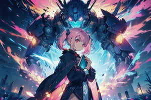anime girl with pink hair holding a book in her hands, light pink bob hair style with twintail and red eyes, wear a blue cloak and full black uniform underneath,mecha,c.c.,phRem,1 girl,cc_kunosato_mio,midjourney