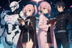 anime girl with pink hair holding a book in her hands, light pink bob hair style with twintail and red eyes, wear a blue cloak and full black uniform underneath,mecha,c.c.,phRem,1 girl,cc_kunosato_mio