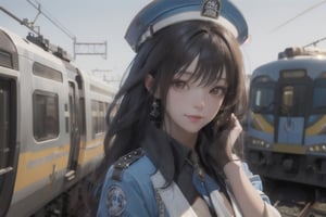 A long loose drak brown Hair style Girl , blue cap, lovely smile, Blue jacket shirt, blue necktie, white shirt, white skirt, Railway, Train Station, ((Best quality)), ((masterpiece)), 3D, HDR (High Dynamic Range),Ray Tracing, NVIDIA RTX, Super-Resolution, Unreal 5,Subsurface scattering, PBR Texturing, Post-processing, Anisotropic Filtering, Depth-of-field, Maximum clarity and sharpness, Multi-layered textures, Albedo and Specular maps, Surface shading, Accurate simulation of light-material interaction, Perfect proportions, Octane Render, Two-tone lighting, Wide aperture, Low ISO, White balance, Rule of thirds,8K RAW, Aura, masterpiece, best quality, Mysterious expression, magical effects like sparkles or energy, flowing robes or enchanting attire, mechanic creatures or mystical background, rim lighting, side lighting, cinematic light, ultra high res, 8k uhd, film grain, best shadow, delicate, RAW, light particles, detailed skin texture, detailed cloth texture, beautiful face, (masterpiece), best quality, expressive eyes, perfect face,Mechanical_tentacles,momo_burlesque,diesel \(nikke\)