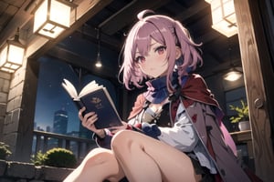 anime girl with pink hair holding a book in her hands, light pink bob hair style with twintail and red eyes, bright blue cloak