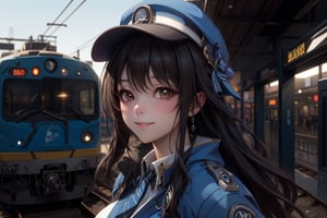 A mature waist long loose drak brown Hair style Girl with heavy machine gun , lovely smile, blue cap, Blue jacket shirt, blue necktie, white shirt, white skirt, Railway, Train Station, ((Best quality)), ((masterpiece)), 3D, HDR (High Dynamic Range),Ray Tracing, NVIDIA RTX, Super-Resolution, Unreal 5,Subsurface scattering, PBR Texturing, Post-processing, Anisotropic Filtering, Depth-of-field, Maximum clarity and sharpness, Multi-layered textures, Albedo and Specular maps, Surface shading, Accurate simulation of light-material interaction, Perfect proportions, Octane Render, Two-tone lighting, Wide aperture, Low ISO, White balance, Rule of thirds,8K RAW, Aura, masterpiece, best quality, Mysterious expression, magical effects like sparkles or energy, flowing robes or enchanting attire, mechanic creatures or mystical background, rim lighting, side lighting, cinematic light, ultra high res, 8k uhd, film grain, best shadow, delicate, RAW, light particles, detailed skin texture, detailed cloth texture, beautiful face, (masterpiece), best quality, expressive eyes, perfect face,Mechanical_tentacles,momo_burlesque,diesel \(nikke\)
