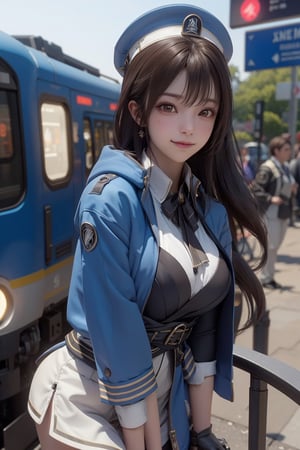 A mature waist long loose drak brown Hair style Girl with heavy machine gun , lovely smile, straw berry loli pop, blue cap, Blue jacket shirt, blue necktie, white shirt, white skirt, white panty, Heavy Gun, Railway, Train Station, ((Best quality)), ((masterpiece)), 3D, HDR (High Dynamic Range),Ray Tracing, NVIDIA RTX, Super-Resolution, Unreal 5,Subsurface scattering, PBR Texturing, Post-processing, Anisotropic Filtering, Depth-of-field, Maximum clarity and sharpness, Multi-layered textures, Albedo and Specular maps, Surface shading, Accurate simulation of light-material interaction, Perfect proportions, Octane Render, Two-tone lighting, Wide aperture, Low ISO, White balance, Rule of thirds,8K RAW, Aura, masterpiece, best quality, Mysterious expression, magical effects like sparkles or energy, flowing robes or enchanting attire, mechanic creatures or mystical background, rim lighting, side lighting, cinematic light, ultra high res, 8k uhd, film grain, best shadow, delicate, RAW, light particles, detailed skin texture, detailed cloth texture, beautiful face, (masterpiece), best quality, expressive eyes, perfect face,Mechanical_tentacles,momo_burlesque,diesel \(nikke\)