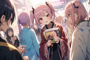 anime girl with pink hair holding a book in her hands, light pink bob hair style with twintail and red eyes, wear a blue cloak and full black uniform underneath,mecha,c.c.,phRem,1 girl,higurashi kagome,kotonoha,ichika nakano