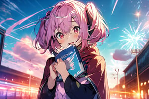 anime girl with pink hair holding a book in her hands, light pink bob hair style with twintail and red eyes, wear a blue cloak and full black uniform underneath,mecha,c.c.,phRem,1 girl,higurashi kagome