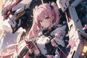 anime girl with pink hair holding a book in her hands, light pink bob hair style with twintail and red eyes, wear a blue cloak and full black uniform underneath,mecha,c.c.,phRem,1 girl,cc_kunosato_mio