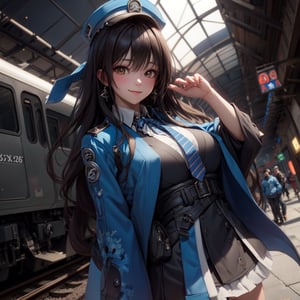 A mature waist long loose drak brown Hair style Girl with heavy machine gun , lovely smile, blue cap, Blue jacket shirt, blue necktie, white shirt, white skirt, Railway, Train Station, ((Best quality)), ((masterpiece)), 3D, HDR (High Dynamic Range),Ray Tracing, NVIDIA RTX, Super-Resolution, Unreal 5,Subsurface scattering, PBR Texturing, Post-processing, Anisotropic Filtering, Depth-of-field, Maximum clarity and sharpness, Multi-layered textures, Albedo and Specular maps, Surface shading, Accurate simulation of light-material interaction, Perfect proportions, Octane Render, Two-tone lighting, Wide aperture, Low ISO, White balance, Rule of thirds,8K RAW, Aura, masterpiece, best quality, Mysterious expression, magical effects like sparkles or energy, flowing robes or enchanting attire, mechanic creatures or mystical background, rim lighting, side lighting, cinematic light, ultra high res, 8k uhd, film grain, best shadow, delicate, RAW, light particles, detailed skin texture, detailed cloth texture, beautiful face, (masterpiece), best quality, expressive eyes, perfect face,Mechanical_tentacles,momo_burlesque,diesel \(nikke\)
