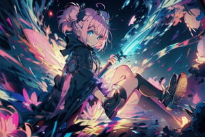 anime girl with pink hair holding a small wand in her hands, light pink bob hair style with twintail and red eyes, wear a blue cloak, black long noble dress, black shoe