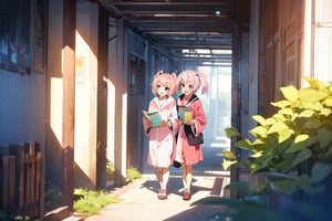 anime girl with pink hair holding a book in her hands, 14 years old, light pink bob hair style with twintail and red eyes, full blue robe, walking in hallway