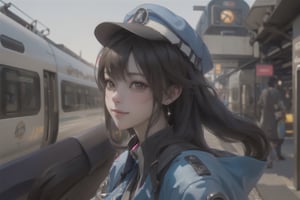 A long loose drak brown Hair style Girl , lovely smile, blue cap, Blue jacket shirt, blue necktie, white shirt, white skirt, Railway, Train Station, ((Best quality)), ((masterpiece)), 3D, HDR (High Dynamic Range),Ray Tracing, NVIDIA RTX, Super-Resolution, Unreal 5,Subsurface scattering, PBR Texturing, Post-processing, Anisotropic Filtering, Depth-of-field, Maximum clarity and sharpness, Multi-layered textures, Albedo and Specular maps, Surface shading, Accurate simulation of light-material interaction, Perfect proportions, Octane Render, Two-tone lighting, Wide aperture, Low ISO, White balance, Rule of thirds,8K RAW, Aura, masterpiece, best quality, Mysterious expression, magical effects like sparkles or energy, flowing robes or enchanting attire, mechanic creatures or mystical background, rim lighting, side lighting, cinematic light, ultra high res, 8k uhd, film grain, best shadow, delicate, RAW, light particles, detailed skin texture, detailed cloth texture, beautiful face, (masterpiece), best quality, expressive eyes, perfect face,Mechanical_tentacles,momo_burlesque,diesel \(nikke\)