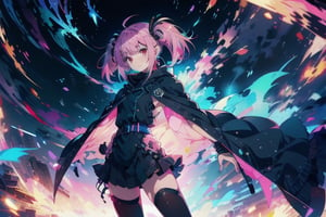 anime girl with pink hair, light pink bob hair style with twintail and red eyes, wear a blue cloak, full black uniform 