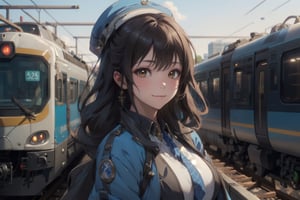 A mature long loose drak brown Hair style Girl , lovely smile, blue cap, Blue jacket shirt, blue necktie, white shirt, white skirt, Railway, Train Station, ((Best quality)), ((masterpiece)), 3D, HDR (High Dynamic Range),Ray Tracing, NVIDIA RTX, Super-Resolution, Unreal 5,Subsurface scattering, PBR Texturing, Post-processing, Anisotropic Filtering, Depth-of-field, Maximum clarity and sharpness, Multi-layered textures, Albedo and Specular maps, Surface shading, Accurate simulation of light-material interaction, Perfect proportions, Octane Render, Two-tone lighting, Wide aperture, Low ISO, White balance, Rule of thirds,8K RAW, Aura, masterpiece, best quality, Mysterious expression, magical effects like sparkles or energy, flowing robes or enchanting attire, mechanic creatures or mystical background, rim lighting, side lighting, cinematic light, ultra high res, 8k uhd, film grain, best shadow, delicate, RAW, light particles, detailed skin texture, detailed cloth texture, beautiful face, (masterpiece), best quality, expressive eyes, perfect face,Mechanical_tentacles,momo_burlesque,diesel \(nikke\)