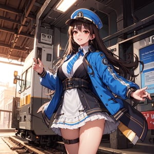 A mature waist long loose drak brown Hair style Girl with heavy machine gun , lovely smile, loli pop, blue cap, Blue jacket shirt, blue necktie, white shirt, white skirt, white panty, Heavy Gun, Railway, Train Station, ((Best quality)), ((masterpiece)), 3D, HDR (High Dynamic Range),Ray Tracing, NVIDIA RTX, Super-Resolution, Unreal 5,Subsurface scattering, PBR Texturing, Post-processing, Anisotropic Filtering, Depth-of-field, Maximum clarity and sharpness, Multi-layered textures, Albedo and Specular maps, Surface shading, Accurate simulation of light-material interaction, Perfect proportions, Octane Render, Two-tone lighting, Wide aperture, Low ISO, White balance, Rule of thirds,8K RAW, Aura, masterpiece, best quality, Mysterious expression, magical effects like sparkles or energy, flowing robes or enchanting attire, mechanic creatures or mystical background, rim lighting, side lighting, cinematic light, ultra high res, 8k uhd, film grain, best shadow, delicate, RAW, light particles, detailed skin texture, detailed cloth texture, beautiful face, (masterpiece), best quality, expressive eyes, perfect face,Mechanical_tentacles,momo_burlesque,diesel \(nikke\)