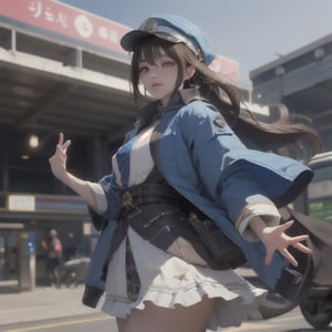 A long loose drak brown Hair style Girl , blue cap, Blue jacket shirt, blue necktie, white shirt, white skirt, Railway, Train Station, ((Best quality)), ((masterpiece)), 3D, HDR (High Dynamic Range),Ray Tracing, NVIDIA RTX, Super-Resolution, Unreal 5,Subsurface scattering, PBR Texturing, Post-processing, Anisotropic Filtering, Depth-of-field, Maximum clarity and sharpness, Multi-layered textures, Albedo and Specular maps, Surface shading, Accurate simulation of light-material interaction, Perfect proportions, Octane Render, Two-tone lighting, Wide aperture, Low ISO, White balance, Rule of thirds,8K RAW, Aura, masterpiece, best quality, Mysterious expression, magical effects like sparkles or energy, flowing robes or enchanting attire, mechanic creatures or mystical background, rim lighting, side lighting, cinematic light, ultra high res, 8k uhd, film grain, best shadow, delicate, RAW, light particles, detailed skin texture, detailed cloth texture, beautiful face, (masterpiece), best quality, expressive eyes, perfect face,Mechanical_tentacles,momo_burlesque,diesel \(nikke\)