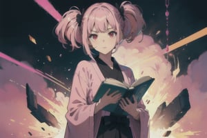 anime girl with pink hair holding a book in her hands, light pink bob hair style with long twintail and red eyes, wear a blue robe and full black uniform underneath