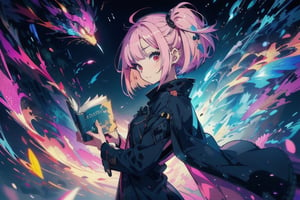 anime girl with pink hair holding a book in her hands, light pink bob hair style with twintail and red eyes, wear a blue cloak, full black uniform 