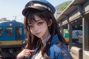 A mature waist long loose drak brown Hair style Girl with heavy machine gun , lovely smile, straw berry loli pop, blue cap, Blue jacket shirt, blue necktie, white shirt, white skirt, white panty, Heavy Gun, Railway, Train Station, ((Best quality)), ((masterpiece)), 3D, HDR (High Dynamic Range),Ray Tracing, NVIDIA RTX, Super-Resolution, Unreal 5,Subsurface scattering, PBR Texturing, Post-processing, Anisotropic Filtering, Depth-of-field, Maximum clarity and sharpness, Multi-layered textures, Albedo and Specular maps, Surface shading, Accurate simulation of light-material interaction, Perfect proportions, Octane Render, Two-tone lighting, Wide aperture, Low ISO, White balance, Rule of thirds,8K RAW, Aura, masterpiece, best quality, Mysterious expression, magical effects like sparkles or energy, flowing robes or enchanting attire, mechanic creatures or mystical background, rim lighting, side lighting, cinematic light, ultra high res, 8k uhd, film grain, best shadow, delicate, RAW, light particles, detailed skin texture, detailed cloth texture, beautiful face, (masterpiece), best quality, expressive eyes, perfect face,Mechanical_tentacles,momo_burlesque,diesel \(nikke\)
