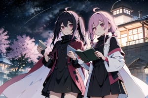anime girl with pink hair holding a book in her hands, light pink bob hair style with twintail and red eyes, wear a blue cloak and full black uniform underneath