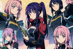 a single anime girl with pink hair holding a book in her hands, light pink bob hair style with twintail and red eyes, wear a blue cloak and full black uniform underneath,mecha,c.c.,phRem,1 girl,cc_kunosato_mio,cecile croomy