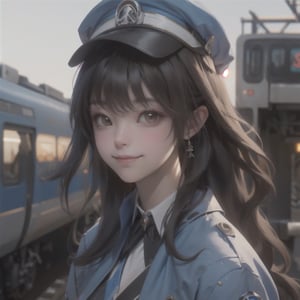 A long loose drak brown Hair style Girl , lovely smile, blue cap, Blue jacket shirt, blue necktie, white shirt, white skirt, Railway, Train Station, ((Best quality)), ((masterpiece)), 3D, HDR (High Dynamic Range),Ray Tracing, NVIDIA RTX, Super-Resolution, Unreal 5,Subsurface scattering, PBR Texturing, Post-processing, Anisotropic Filtering, Depth-of-field, Maximum clarity and sharpness, Multi-layered textures, Albedo and Specular maps, Surface shading, Accurate simulation of light-material interaction, Perfect proportions, Octane Render, Two-tone lighting, Wide aperture, Low ISO, White balance, Rule of thirds,8K RAW, Aura, masterpiece, best quality, Mysterious expression, magical effects like sparkles or energy, flowing robes or enchanting attire, mechanic creatures or mystical background, rim lighting, side lighting, cinematic light, ultra high res, 8k uhd, film grain, best shadow, delicate, RAW, light particles, detailed skin texture, detailed cloth texture, beautiful face, (masterpiece), best quality, expressive eyes, perfect face,Mechanical_tentacles,momo_burlesque,diesel \(nikke\)