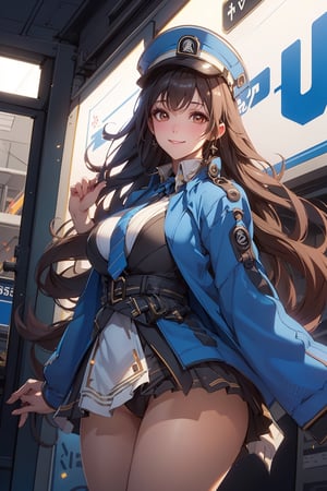 A mature waist long loose drak brown Hair style Girl with heavy machine gun , lovely smile, blue cap, Blue jacket shirt, blue necktie, white shirt, white skirt, white panty, Heavy Gun, Railway, Train Station, ((Best quality)), ((masterpiece)), 3D, HDR (High Dynamic Range),Ray Tracing, NVIDIA RTX, Super-Resolution, Unreal 5,Subsurface scattering, PBR Texturing, Post-processing, Anisotropic Filtering, Depth-of-field, Maximum clarity and sharpness, Multi-layered textures, Albedo and Specular maps, Surface shading, Accurate simulation of light-material interaction, Perfect proportions, Octane Render, Two-tone lighting, Wide aperture, Low ISO, White balance, Rule of thirds,8K RAW, Aura, masterpiece, best quality, Mysterious expression, magical effects like sparkles or energy, flowing robes or enchanting attire, mechanic creatures or mystical background, rim lighting, side lighting, cinematic light, ultra high res, 8k uhd, film grain, best shadow, delicate, RAW, light particles, detailed skin texture, detailed cloth texture, beautiful face, (masterpiece), best quality, expressive eyes, perfect face,Mechanical_tentacles,momo_burlesque,diesel \(nikke\)