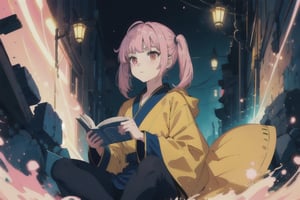an anime girl with pink hair holding a book in her hands with light pink bob hair style with long twintail and red eyes wear a blue robe and full black uniform underneath sit along with blue hair girl yellow eye with yellow robe