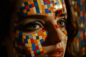 cinematic film still of a cucoloris patterned illumination casting a horizontal rectangle strip shadow on  mosaic princess with a horizontal shadow on her faces,