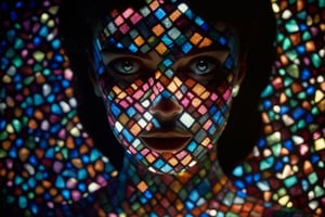cinematic film still of a cucoloris patterned illumination casting a horizontal rectangle strip shadow on  mosaic princess with a horizontal shadow on her faces,