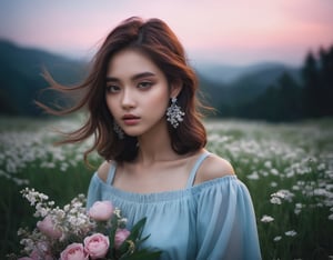 ((masterpiece), (best quality), (extremely detailed)), Medium shot  Beauty Girl, brown hair, holding a flowers, In a realm shrouded in eternal twilight, a hauntingly surreal scene unfolds. The focus is on a darkangel wafu, captured in a blend of light and shadow, in a medium shot. The background features a subtle bokeh effect, enhancing the dreamlike atmosphere. With an HDR ratio of 1.5, the image showcases high contrast, emphasizing the interplay between darkness and light. The cinematic composition is enriched with a soft pink and tosca color grading at 0.85 intensity, infusing the scene with a mesmerizing aesthetic. Muted colors, dim colors, and soothing tones of 1.4 create an otherworldly ambiance. The overall saturation is intentionally kept low, enhancing the mysterious allure of the composition. background nature, wearing silvers earring, ,aesthetic portrait,detailmaster2, Proportional body,
,aesthetic portrait,detailmaster2,,TechStreetwear,Clear Glass Skin,DonM3lv3nM4g1cXL,Mechanical part,mecha