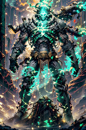 (1golem,1guy,slashing,iron monster,green magic body,artifact arms,headless,large arms,fist,armor,big legs,two legs,holding sword,action scene:1.4),green elemental on background,(beautyful irrust,ultra detail),out door,sfw,fantasy,looking viewer,flame battlefield,green magic,glowing particle