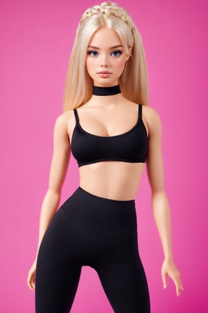create a hyper realistic barbie girl look 20 old ,picture-perfect face,multicolored hair,pink/platinumblonde hair,braids,goddess,perfect_breasts,sexy,charming,alluring,seductive,erotic,makeup,Extremely Realistic,Detailedface,slim hips,standing_up,photo of perfecteyes eyes,sexy legs, black yoga pants (((tight and sexy))),ferm breast (((big))), beautiful curved body, fit body,black sport tshirt,perfecteyes eyes,barbie,barbie world background