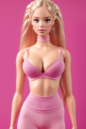 create a hyper realistic barbie girl look  ,picture-perfect face,multicolored hair,pink/platinumblonde hair,braids,goddess,perfect_breasts,sexy,charming,alluring,seductive,erotic,makeup,Extremely Realistic,Detailedface,slim hips,standing_up,photo of perfecteyes eyes,sexy legs, yoga pants (((tight and sexy))),ferm breast (((big breast))), beautiful curved body, fit body,sport tshirt,perfecteyes eyes,barbie,barbie world background