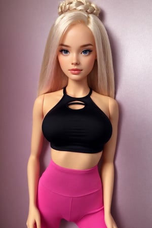 create a hyper realistic barbie girl look 20 old ,picture-perfect face,multicolored hair,pink/platinumblonde hair,braids,goddess,perfect_breasts,sexy,charming,alluring,seductive,erotic,makeup,Extremely Realistic,Detailedface,slim hips,standing_up,photo of perfecteyes eyes,sexy legs, black yoga pants (((tight and sexy))),ferm breast (((big breast))), beautiful curved body, fit body,black sport tshirt,perfecteyes eyes,barbie,barbie world background