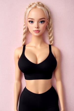 create a hyper realistic barbie girl look 20 old ,picture-perfect face,multicolored hair,pink/platinumblonde hair,braids,goddess,perfect_breasts,sexy,charming,alluring,seductive,erotic,makeup,Extremely Realistic,Detailedface,slim hips,standing_up,photo of perfecteyes eyes,sexy legs, black yoga pants (((tight and sexy))),ferm breast (((big breast))), beautiful curved body, fit body,black sport tshirt,perfecteyes eyes,barbie,barbie world background,Perfect lips