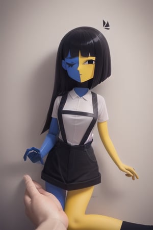 ENA (Joel G), split color body (blue on right, yellow on left), white t-shirt, black skirt with overall straps, 1girl, black eyes, black socks (thigh-high on right, ankle on left), black shoes, grain effect on hair, perfect anatomy, solo, better hands, upper_body, (best quality:1.2), finely detailed, detailed, high resolution, highres, intricate detail, sharp focus, solo, colored skin, long hair, 1girl, black eyes, black hair, bangs, shirt, blunt bangs, incoming kiss, closed_eyes, first_person_pov, upper_body