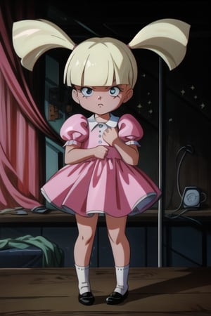 Mary Louise Dahl, 1girl, blonde hair, black eyes, pigtails, pink dress, white socks, black mary jane shoes, white collar, short puffy sleeves, child, perfect anatomy, female_solo, (insanely detailed, beautiful detailed face, masterpiece, best quality), (sharp), score_9, score_8_up, score_7_up, score_6_up, highest quality, 8K, RAW photo, source_anime, perfect face, closed_mouth, full_body, standing, 1990s (style)