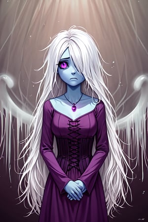 banshee, 1girl, long hair, white hair, messy hair, ((hair over one eye)), colored skin, pale blue skin, purple eyes, dark eyebags, ((ghost tail)), purple dress, long sleeves, purple necklace, dark purple corset, ghost, sad, perfect anatomy, female_solo, (insanely detailed, beautiful detailed face, masterpiece, best quality, detailed, detailed background, 8k, 4k, detailed shaders, glow effect, play of light, high contrast), score_9, score_8_up, score_7_up, highest quality, 8K, RAW photo, source_anime, perfect face