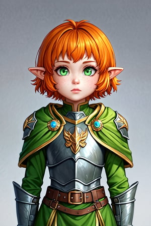 halfling, 1girl, orange hair, short fluffy hair, green eyes, big round pointy ears, freckles, short green dress, long sleeves, dark green armored belt, green armored boots, green cape, green armored shoulder pads, ranger outfit, child, perfect anatomy, female_solo, (insanely detailed, beautiful detailed face, masterpiece, best quality, detailed, detailed background, 8k, 4k, detailed shaders, glow effect, play of light, high contrast), score_9, score_8_up, score_7_up, highest quality, 8K, RAW photo, source_anime, perfect face, upper_body